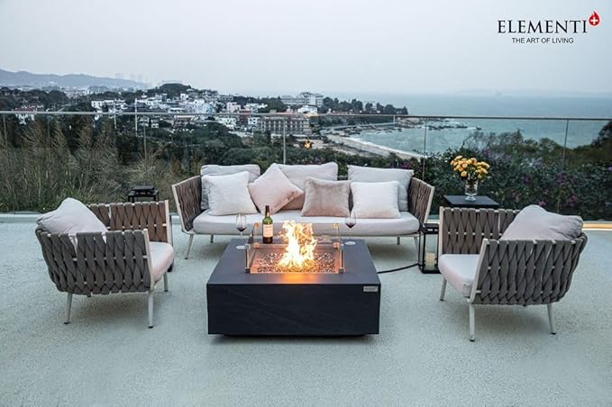 Elementi+ | Bundle Roraima Gas Fire Pit Cast Concrete 40" Square Fire Table, Outdoor Fire Pit Electronic Ignition | Canvas Cover, Fire Glass and Burner Lid Included | Dark Gray | Propane Gas