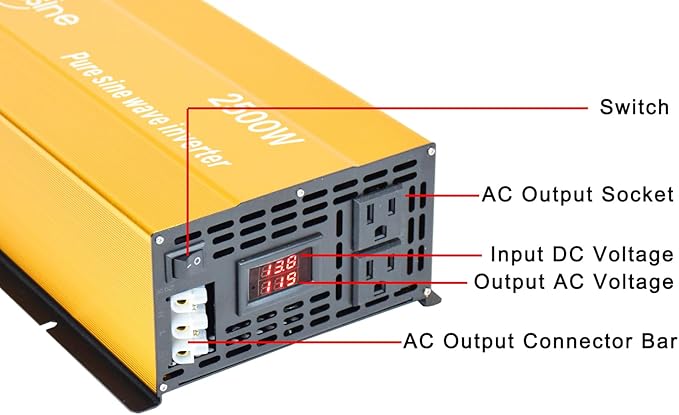 2500W Pure Sine Wave Inverter-24V DC to 110V 120V AC Power Converter with 2 AC Outlets, 24 Volt Power Inverter for Truck, Rv, Camping, Home