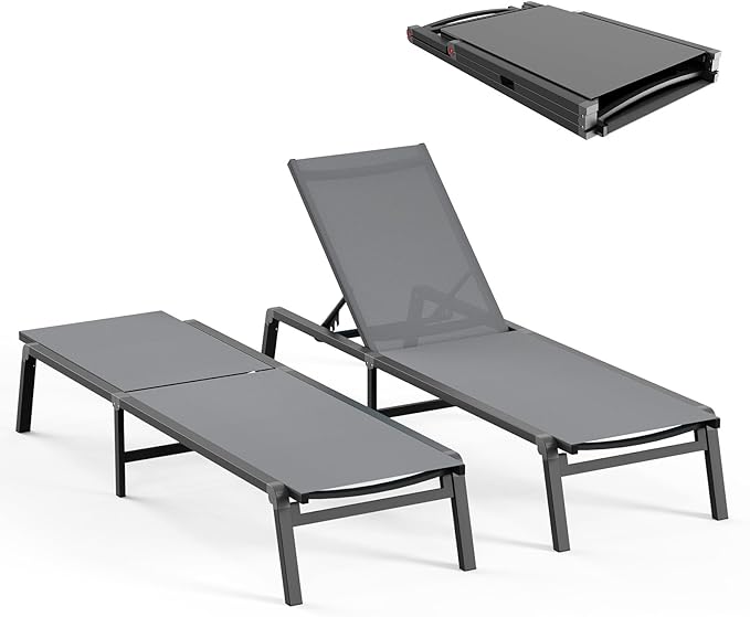 Patio Chaise Lounge Chair, Foldable Lounge Chair for Outside, Aluminum Chairs Set of 2 with 5 Adjustable Backrest, Outdoor Pool Lounger for Poolside, Lawn, Deck, Grey
