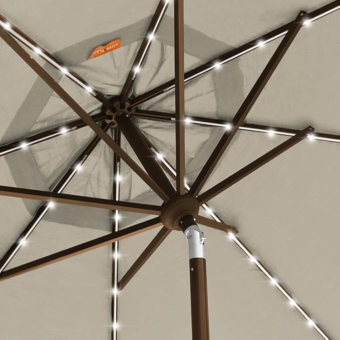 EliteShade USA 10-Year-Non-Fading Solar 9ft Market Umbrella with 80 LED Lights Patio Umbrellas Outdoor Table Umbrella with Ventilation, Antique Beige