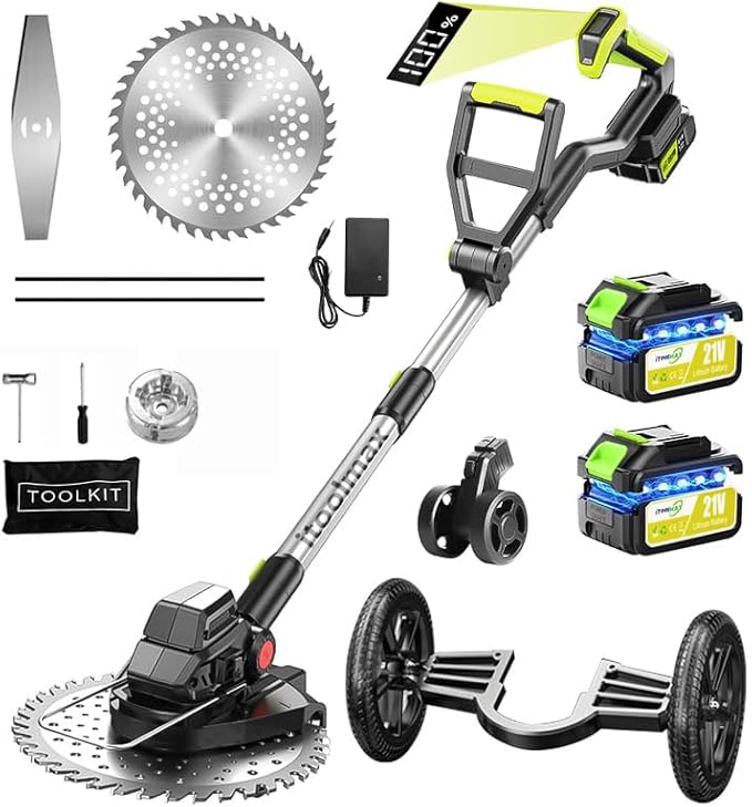4 in 1 iToolMax Cordless Grass Trimmer, Electric Weed Wacker Cordless, Weed Eater Battery Powered with 2 Batteries, Brush Cutter & Grass Trimmer & Lawn Edger & Four-wheel Assist with 3 Types of Blades