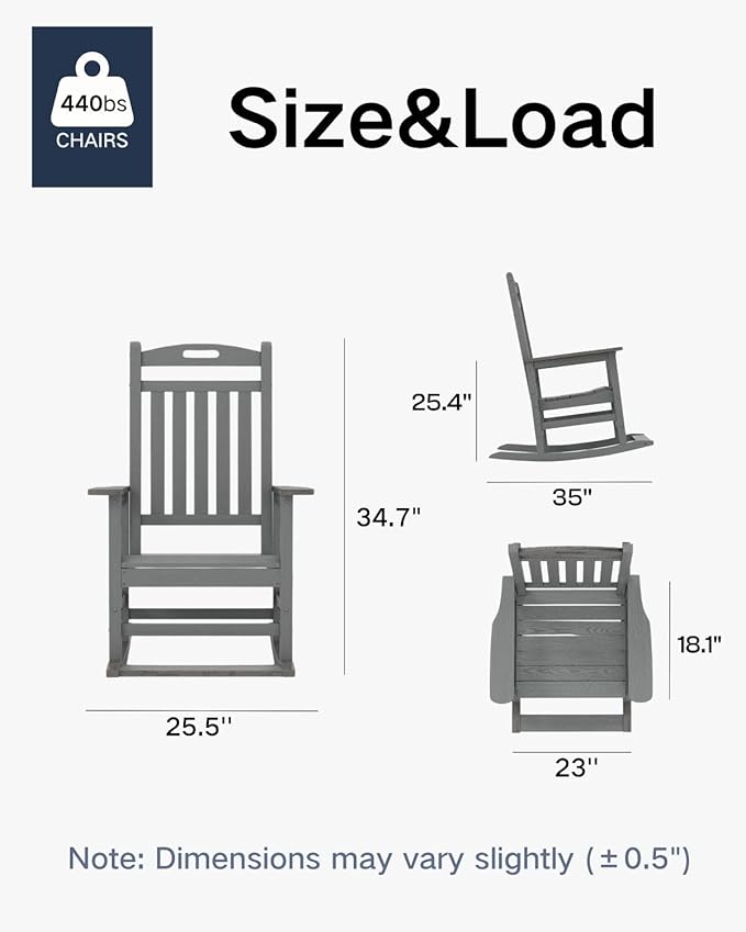 Kingdura Outdoor Rocking Chairs Set of 2, HDPE Plastic Patio Rocking Chair All-Weather Oversized Porch Rocker with High Back for Patio Outside Backyard Balcony (Grey)