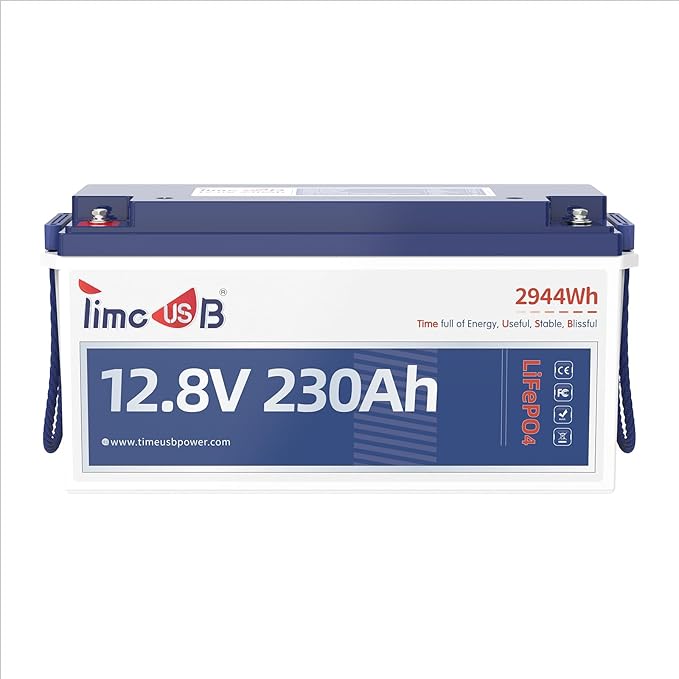 Timeusb 2 Pack 12V 230Ah LiFePO4 Battery, Built-in 150A BMS, Max. 1920W Power Output & 2944Wh Energy Lithium Battery, 15000 Cycles for Your RVs, Solar System, Off-Grid, Camper, etc