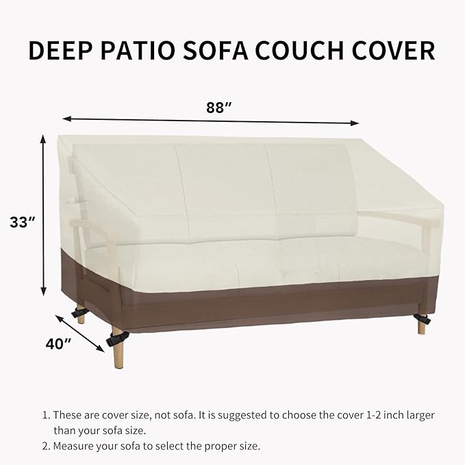 Easy-Going Waterproof Outdoor Couch Cover, Heavy Duty 3-Seater Patio Sofa Cover, Winchdproof Outdoor Furniture Cover with Air Vent (88Wx40Dx33H inch, Beige/Dark Brown)