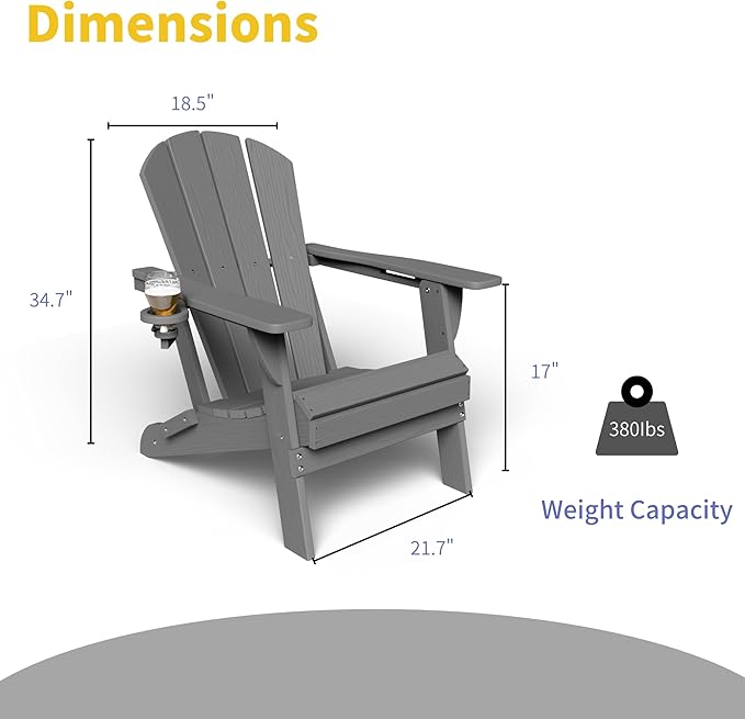 Kingdura Foldable Adirondack Chair, Portable HDPE All Weather Resistant Outdoor Patio Chair, Wooden Textured with Cup Holder, 380LBS Capacity for Poolside, Backyard, Deck, Fire Pit (Grey)