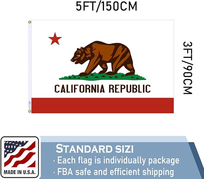 California Republic State Flag 3x5 FT Made in The USA-Heavy Duty Vibrant Colors Double Sided Cali CA Flag with 2 Brass Grommets for Home/Company/Indoor Outdoor Decoration