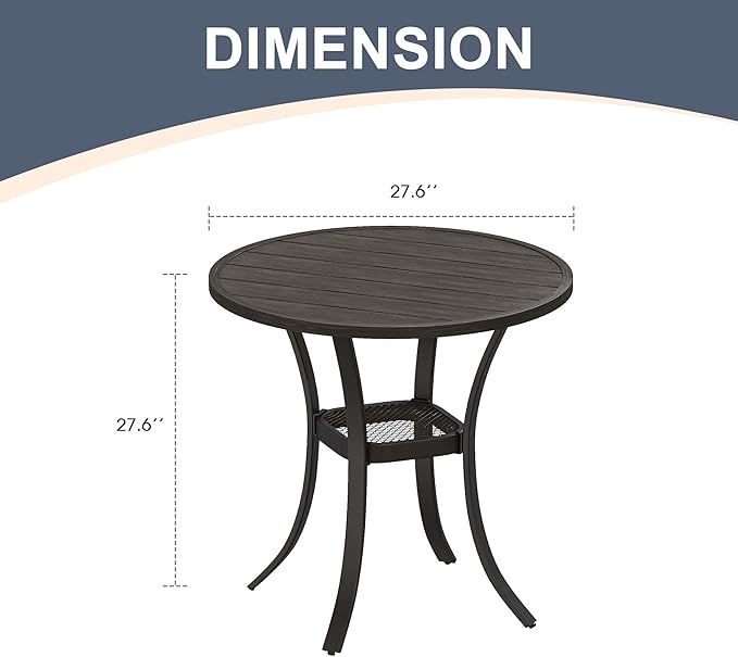 VICLLAX Round Patio Dining Table, Metal Outdoor Bistro Table with Storage Shelf for Balcony Garden Deck, 27.6" Ash Grey