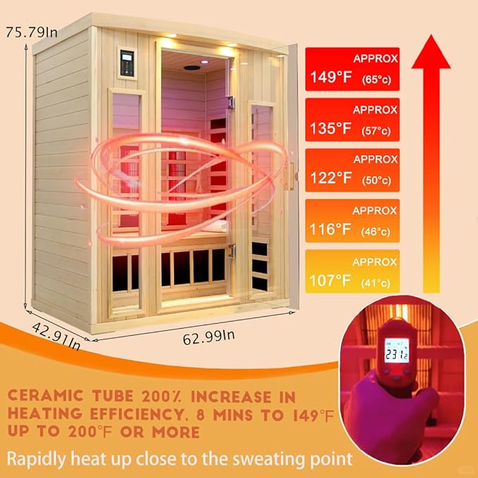 Ceramic Infrared Sauna 3 Person, Infrared Saunas for Home, Low EMF Far Infrared Sauna, Indoor Home Sauna Spa, Hemlock Wooden Sauna with Bluetooth Speaker, Chromotherapy Lamp, 2050W
