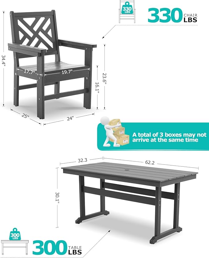 5 Piece HDPE Outdoor Dining Set for 4 Patio Dining Furniture Set with Umberlla Hole, Weather Resistent Outdoor Table and Chairs for Garden, Poolside, Backyard, Deck, Grey