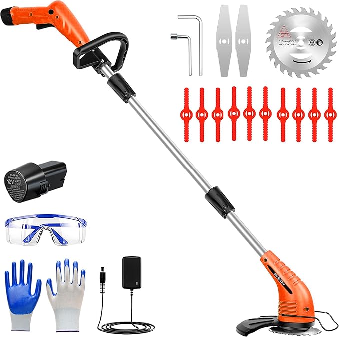 GardenJoy Weed Wacker Battery Operated: 12V Cordless Grass Trimmer with 2.0Ah Battery, Fast Charger and 3 Types Cutting Blade, Portable Electric Lawn Trimmer for Garden Yard Weeding Work