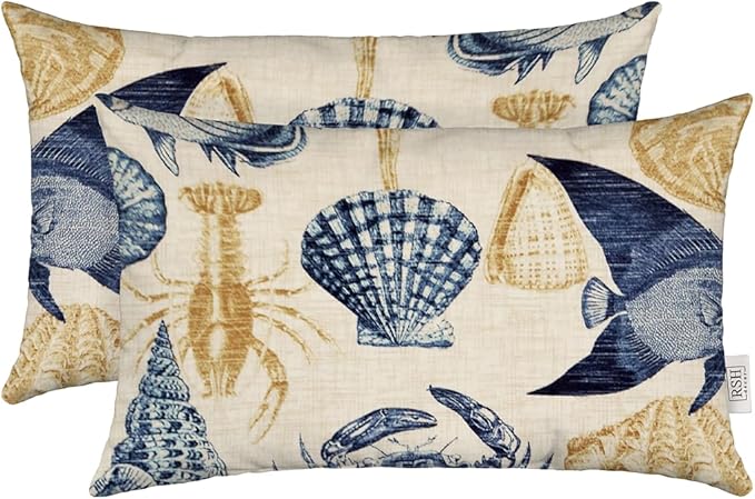 RSH DECOR: Lumbar Throw Pillows Set of 2 | 20” x 12" | All-Weather Spun Fabric | Water and Fade-Resistant | Outdoor Support Pillows for Patio Furniture | Blue Tan Crab