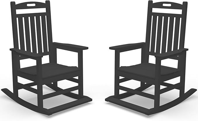 Kingdura Outdoor Rocking Chairs Set of 2, HDPE Plastic Patio Rocking Chair All-Weather Oversized Porch Rocker with High Back for Patio Outside Backyard Balcony (Black)