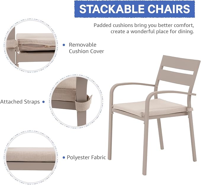 Soleil Jardin Outdoor Aluminum 2-Piece Patio Dining Chairs with Cushions, Stackable Bistro Chairs for Balcony, Garden, Backyard, Flaxen Finish & Beige Cushion