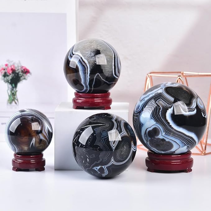 JIC Gem 2.7-3.1 inch(70-80mm) Large Black Onyx Agate Crystal Ball Round Healing Crystals Decorative Sphere with Wooden Stand Meditation Witchcraft Home Decor