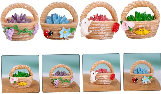 4 Pieces Mini Succulent Plant Resin Ornaments - Cute Car Dashboard Figurines Flower basket Set - Fairy Garden，Birthday Cakes Decoration，DIY Aquarium Moss Layout Desktop Landscape Accessories