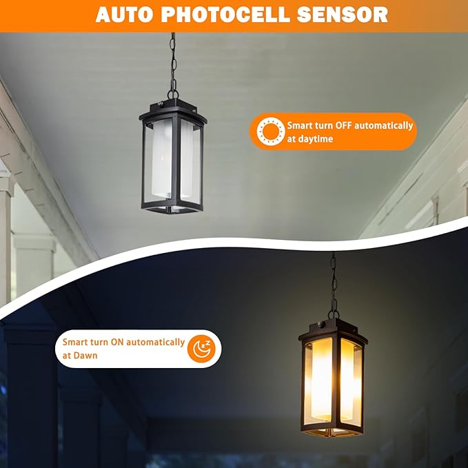 JYZ Dusk to Dawn Outdoor Hanging Light, Exterior Pendant Lantern Dusk Till Dawn, Modern Contemporary Indoor Outdoor Chandelier Lamp Ceiling Mount for Front Porch Entry Gazebo Patio Garden Pergola