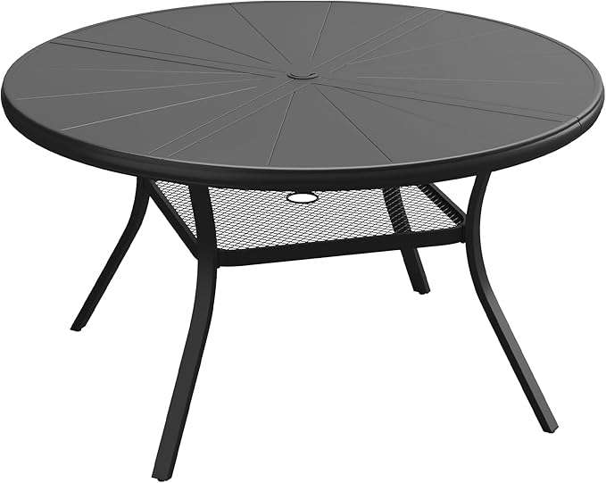 VICLLAX Outdoor Patio Round Dining Table, 47.2"x 47.2" Aluminum Tabletop with Storage Shelf for Deck Lawn Garden Backyard, Black