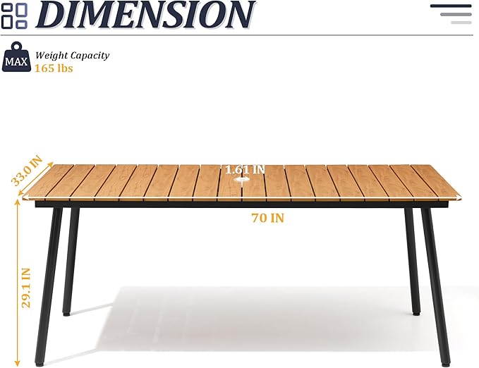 Outdoor Dining Table for 6, 70inch Patio Dining Table with Wooden-Like Top and Aluminum Frame, Rectangular Table with Umbrella Hole Outdoor Furniture, Brown