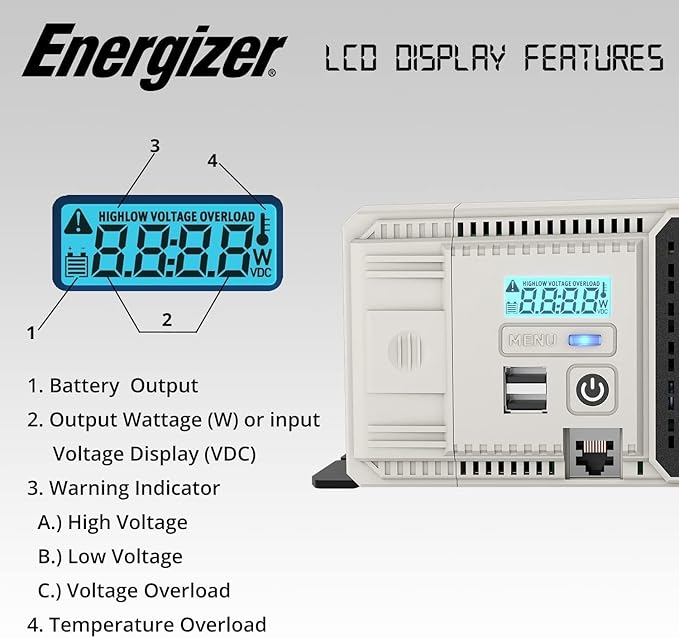 Energizer 2000 Watts Pure Sine Wave Power Inverter 12V DC to 110V/120V Converter for Family RV Off Grid Solar System with Dual USB Ports LCD Display & Installation Kit Included