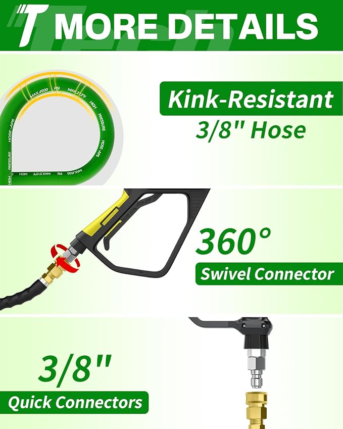 Pressure Washer Hose 50FT 3/8" for Cold and Hot Water 212°F, with Swivel Quick Connect, 4500PSI Kink Resistant Grade Steel Wire Braided, Power Washer Hose With 2pcs M22-14mm Adapter