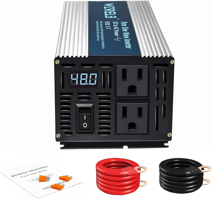 WZRELB 500W Pure Sine Wave Inverter 48V DC to 110V 120V AC Power Converter with LED Display, Off-Grid Portable Power Inverter with 2 AC Outlets for Home, RV, Truck, Camping