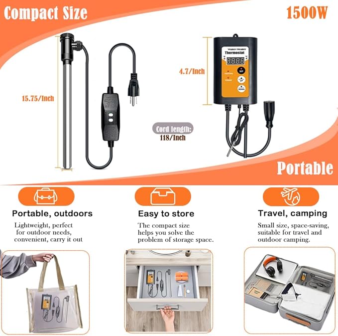 1500W Fully Submersible Electric 120V Immersion Water Heater, Hot Tub Heater, Portable Thermostat for Bathtub, Baptismal, Baptistry, Sap, Inflatable Pool, Above Ground Pool Submersible Water Heater