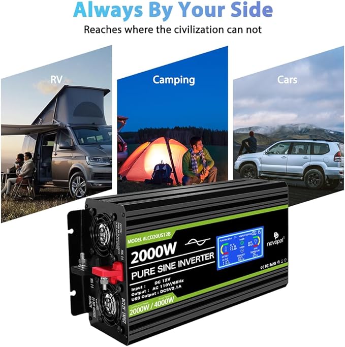 NOVOPAL 2000 Watt Pure Sine Wave Power Inverter DC 12V to AC 110V 120V Rv Inverters with 1 USB Port-16 feet Remote Control, LCD Display for Truck, Hurricane, Home