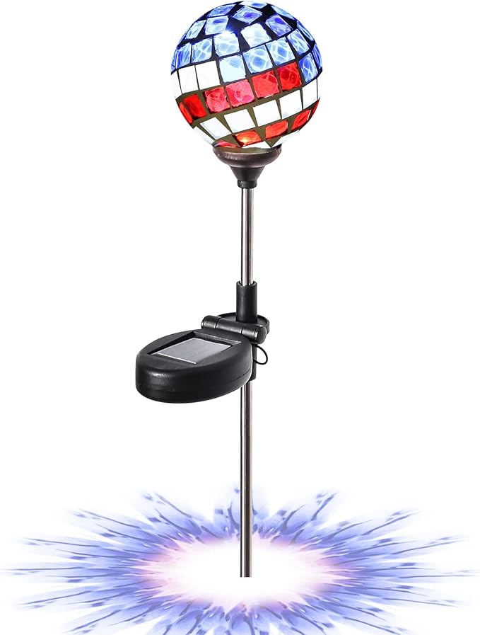 WNP Solar Powered Outdoor Garden Light Stakes Decoration, Mosaic Globe 4th of July Stake Solar Light for Patio Pathway Yard Decor, Waterproof Solar Glow Glass Ball Lights