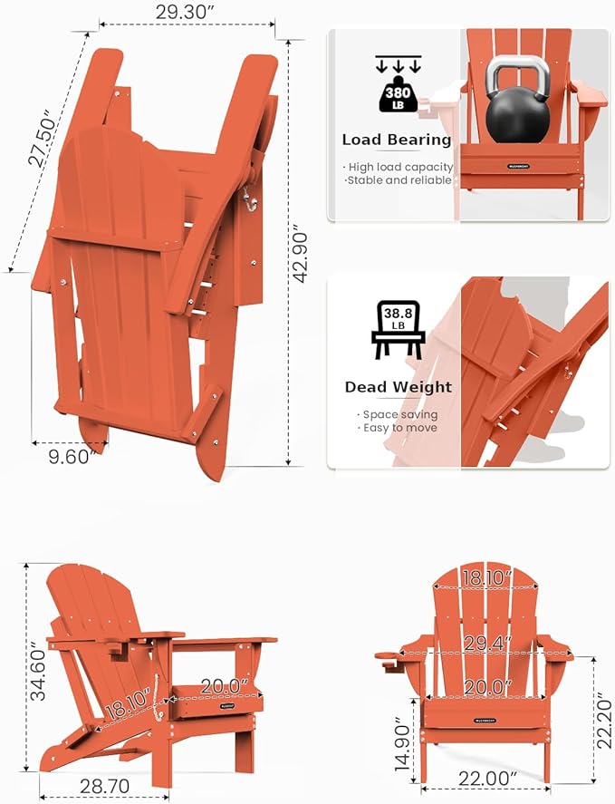 MUCHENGHY Folding Adirondack Chairs Set of 2, Patio Chairs, Lawn Chairs, Outdoor Chair, Adirondack Chair Plastic, Fire Pit, Weather Resistant with Cup Holder for Deck, Backyard, Garden(Orange)