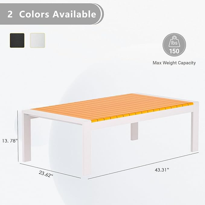 Aluminum Outdoor Coffee Table - White Rectangle Patio Tables with Teak Top for Deck, and Poolside