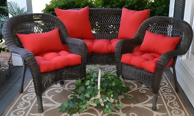 RSH DECOR: Sunbrella Tufted Wicker Loveseat Cushion | 41” x 19" | Water and Fade-Resistant Performance Fabric | Outdoor Settee Cushion for Patio Furniture | Canvas Jockey Red