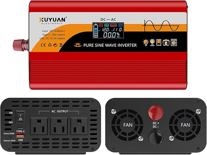 1500W Pure Sine Wave Inverter (3000W Peak), 12V/24V Auto-Detect, 50Hz/60Hz Switchable, LCD Display, Type-C Fast Charging, Silent Design, Overload & Overheat Protection for RV, Home (RED-1500W)