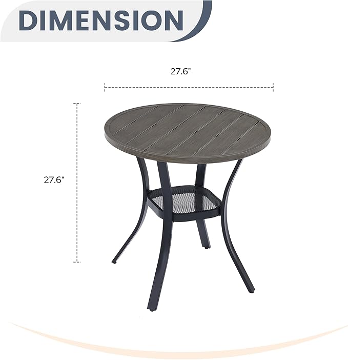 VICLLAX Round Patio Dining Table, Metal Outdoor Bistro Table with Storage Shelf for Balcony Garden Deck, 27.6Inch Grey