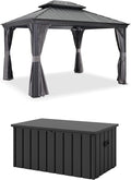 PURPLE LEAF 10' X 12' Hardtop Gazebo with Galvanized Steel Double Roof for Patio Lawn and Garden, Curtains and Netting Included, Grey