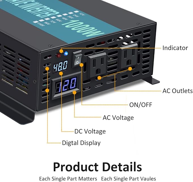 WZRELB 1000W 48V 120V Pure Sine Wave Power Inverter with 2 AC Outlets,Car Inverter