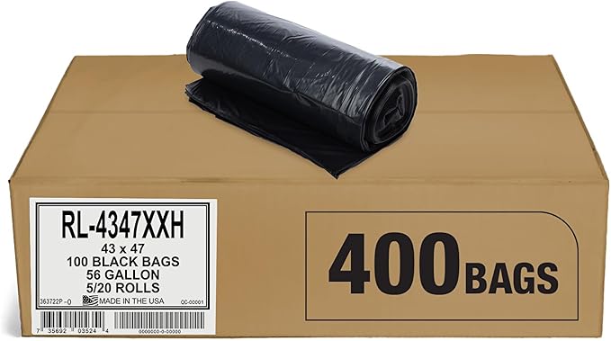 Aluf Plastics T-Tough Roll Pack Low Density Repro Blend Star Seal Coreless Rolls Bag, 56 Gallon Capacity, 47" Length x 43" Width, XXH Strength, Black (Pack of 400)