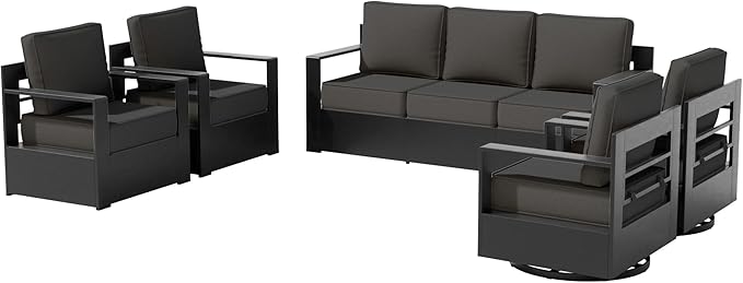 5 PCS Aluminum Patio Conversation Set - 3-Seater Sofa, 2 360° Swivel Chair, 2 Fixed Chair with 6" Thick Water-insistant Cushions, All-Weather Use Removable Cover, Ideal for Garden, Poolside (Grey)