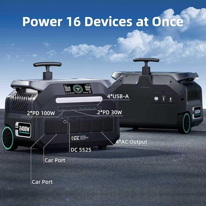 IEE P2400 Portable Power Station with 1x400W Solar Panel,2400W AC Outlet(Peak 5000W),1800W 1.2H Fast Charge,2048WH Lifepo4 Battery,5-8MS EPS Switch Below 30DB Solar Power Generator for Home Backup,RV.