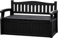 JUMMICO 80 Gallon Resin Outdoor Storage Bench, Large Deck Box with Armrest, Lockable & Waterproof for Garden, Home, Patio, Pools (Black)