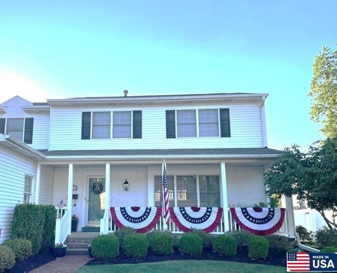 American Pleated Fan Flag Bunting. 4 x 8 ft Embroidered Stars & Sewn Stripes USA Indoor/Outdoor Nylon Bunting Banner. Perfect for July 4th and America 250 events. 100% Made in America by Old Glory Bunting