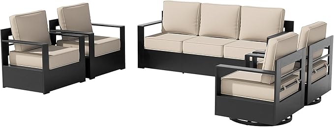 5 PCS Aluminum Patio Conversation Set - 3-Seater Sofa, 2 360° Swivel Chair, 2 Fixed Chair with 6" Thick Water-insistant Cushions, All-Weather Use Removable Cover, Ideal for Garden, Poolside (Beige)