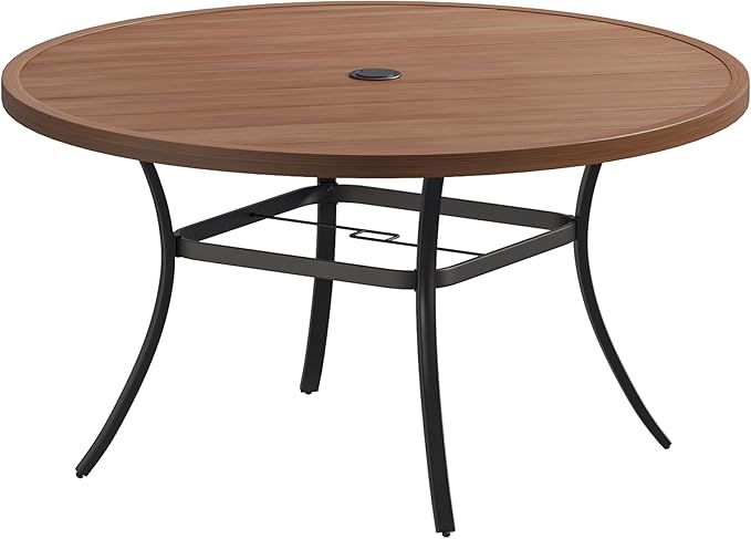 VICLLAX Outdoor Patio Round Dining Table, 50"x 50" Metal Slatted Round Tabletop with Adjustable Umbrella Hole for Deck Lawn Garden Backyard, Walnut