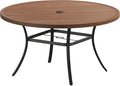 VICLLAX Outdoor Patio Round Dining Table, 50"x 50" Metal Slatted Round Tabletop with Adjustable Umbrella Hole for Deck Lawn Garden Backyard, Walnut