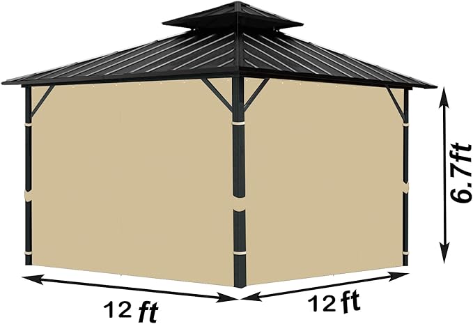 Gazebo Universal Replacement Privacy Curtain, 12'X12' Gazebo Curtains Outdoor Waterproof, 4-Panels Sidewall with Zipper for Patio, Garden and Backyard (Only Curtains, 12'X12', Khaki)