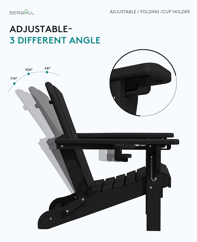 SERWALL Folding Adirondack Chair, Adirondack Outdoor Chair with Cup Holder, Adjustable Adirondack Chair with 3 Recline Positions, All Weather HDPE Outdoor Adirondack, Black