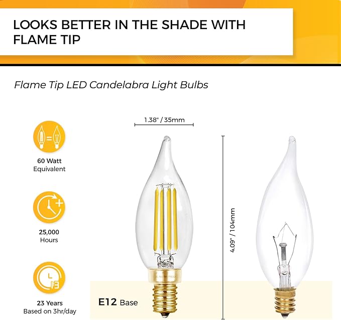 Hizashi E12 Candelabra Bulb 60 watt 5000K Daylight White, Dimmable E12 LED Bulb, 90+ CRI 6W 550LM, CA11 Flame Tip LED Chandelier Light Bulbs Candelabra Base, UL Listed - 12 Pack