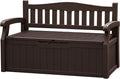 JUMMICO 80 Gallon Resin Outdoor Storage Bench, Large Deck Box with Armrest, Lockable & Waterproof for Garden, Home, Patio, Pools (Brown)