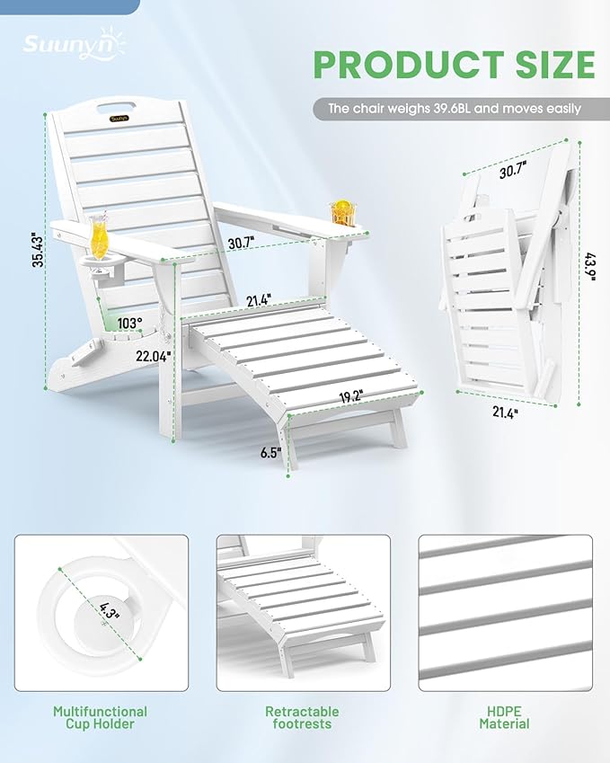 Folding Adirondack Chairs Set of 4,Adirondack Chair with Retractable Ottoman,Plastic Adirondack Chairs with 2 Cup Holder,Weather Resistant Patio Chair,Outdoor Chairs Set of 4(White)