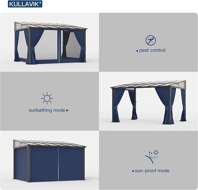 Kullavik 10' × 28' Hardtop Gazebo for Patio,Wall-Mounted Lean to Gazebo Pergola with Sloping Roof and Durable Aluminum Frame,Large Heavy Duty Awnings for Decks,Backyard,NavyBlue
