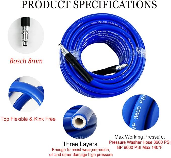 5800PSI/400Bar Ultra Flexible Pressure Washer Hose for Bosch Home Cleaning, 5M-30M High Pressure Extension Tube with Quick-Connect Adapter,(Red/Blue/Yellow/Green/Grey/Orange/Light Blue)(Blue,64FT)